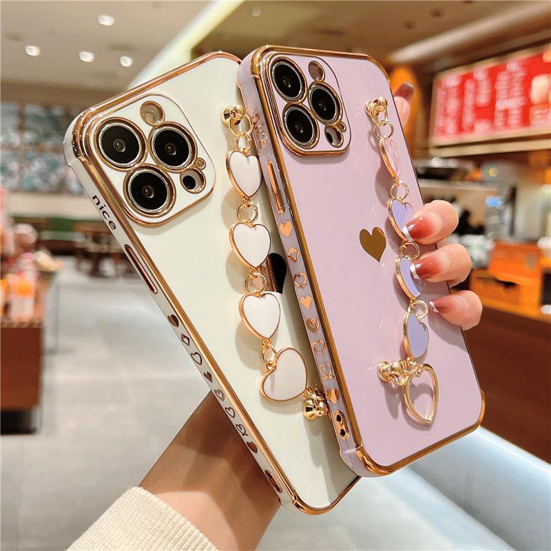 Soft Bracelet Love Heart Case For Iphone 11 12 13 Pro Max Xs X Xr 7 8 Plus Se 2020 13 Mini Electroplated Bumper Silicone Cover