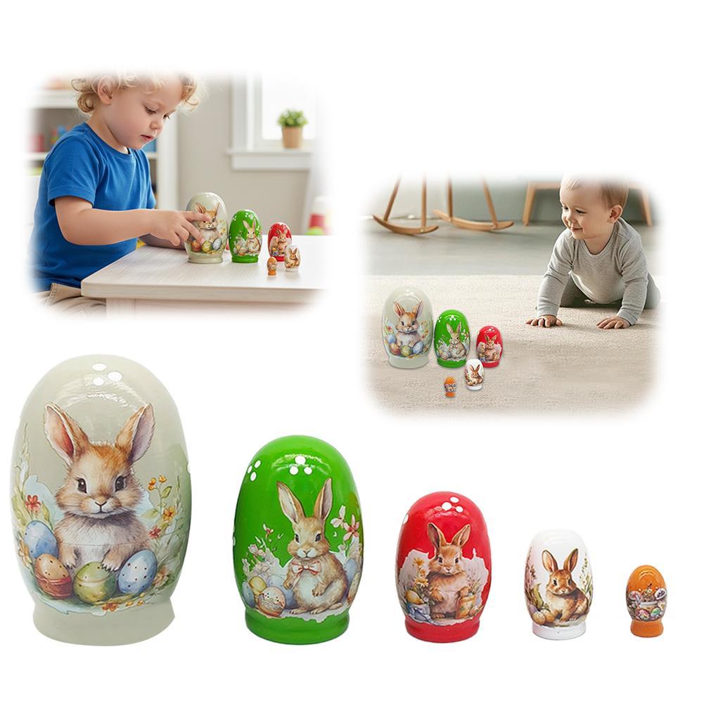 Wooden Nesting Dolls, 5-Piece Hand-Painted Russian Style Spring Rabbit Figurine for Dining Table Holiday Home N5J7