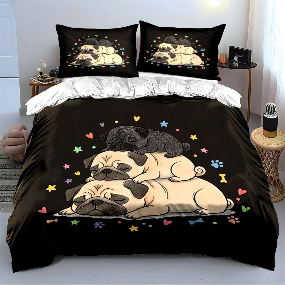 Pug Trio with Hearts & Stars Bedding Duvet Cover Set Duvet Cover Pillowcases  (1*Duvet Cover 2*Pillowcases, without duvet insert)