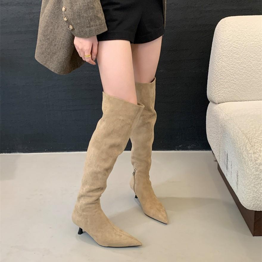 Pointed high-heeled over-the-knee boots women's 2025 new autumn French khaki fine-heeled pleated stacked boots knight boots