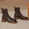 2026 Women's British Style Heeled Ankle Boots Brown Square Toe Stretch Sock Boots Chunky Mid Heel Retro Autumn Booties Size35-40