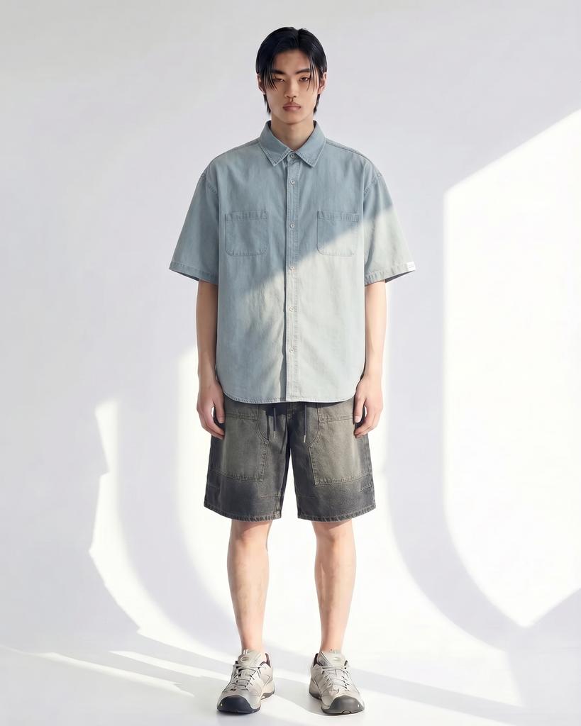 APOSTROPHE COMMA Pentagon Elastic Waist Denim Half Pants_Washed Black