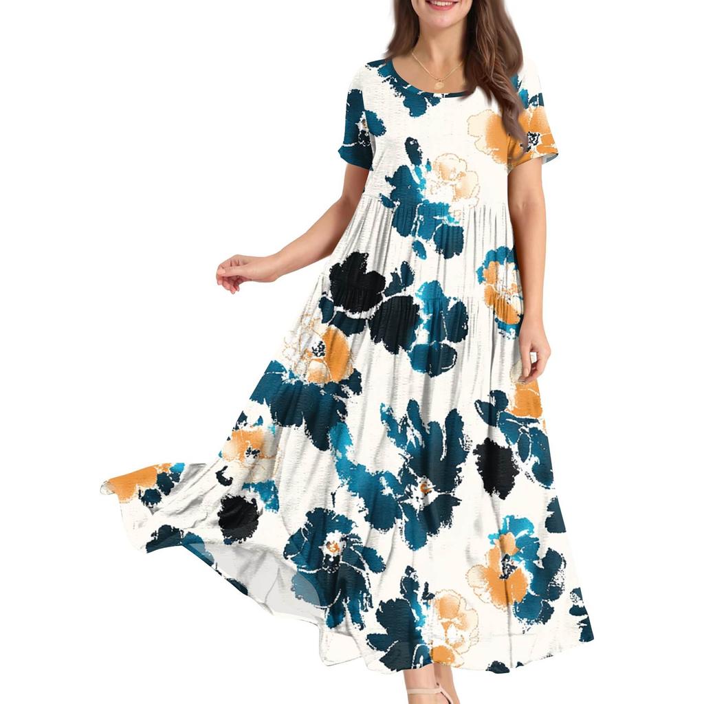 Dámské letní šaty s kulatým výstřihem, krátkým rukávem, květinovým potiskem, boho, volné