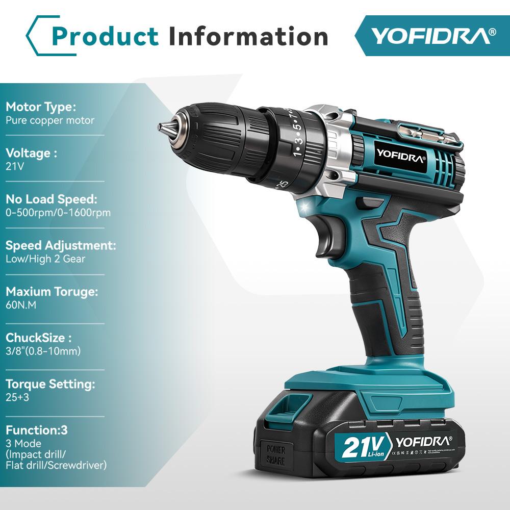 Yofidra 60N.M L 25+3 Torque Electric Impact Dril Cordless Electric Screwdriver With 32/53PCS Tool Kit Power Tool For 21V Battery