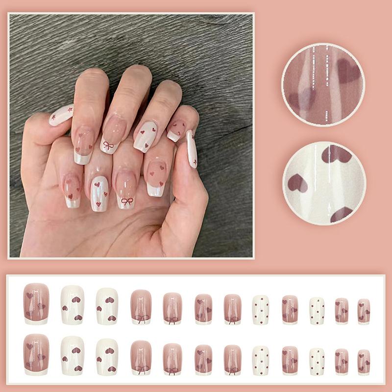 24Pcs French Love Bow Press On Nails Cute And Versatile Design False Nail For Women Girls Removable Wearable Art