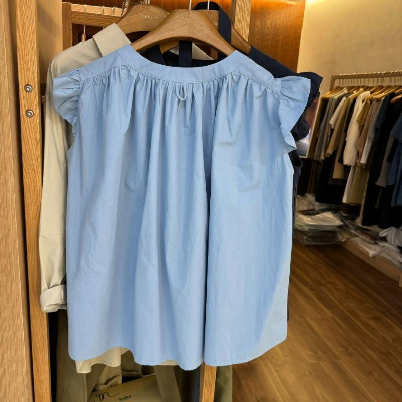 Vintage Solid Stylish Flying Sleeve Casual Shirts for Women Summer Loose Ruffled Women Blouses Pleated Fashion Elegant Shirt Female Clothing New 26285