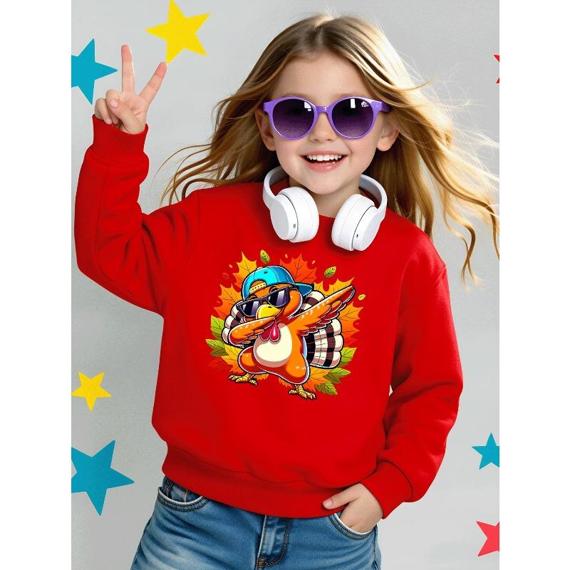 Cool Turkey Dabbing Autumn Leaves Girls' Crew Neck Fashion Sweatshirt, Autumn and Winter Western Style Top, Children's Long Sleeved T-shirt