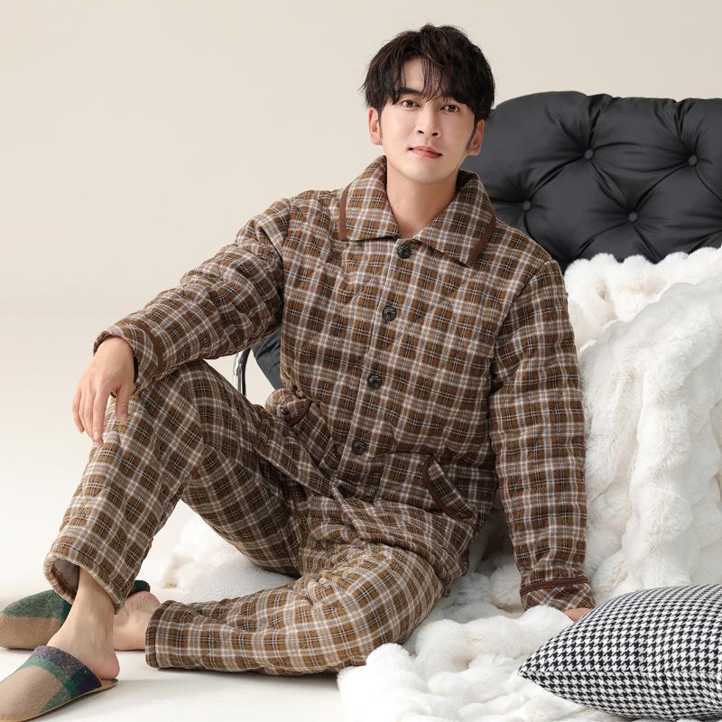 

Пижама мужская зимняя трехслойная утолщенная флисовая из чистого хлопка куртка осень-зима коралловый флис домашняя одежда 3XL