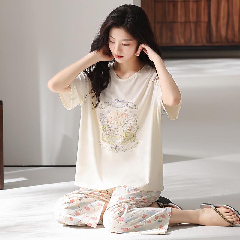 Pajamas women's summer thin Modal cotton short-sleeved cropped pants 1011 new floral loungewear cotton and silk suit