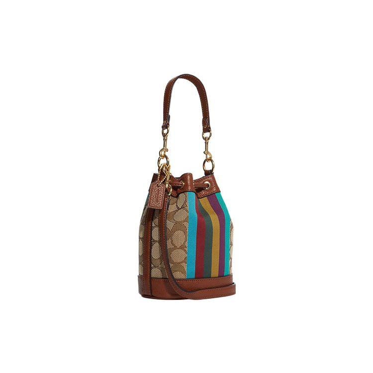 Coach Dempsey 14 Striped Pattern Drawstring Closure Fabric With Leather Bucket Bag Women bags Khaki CC318-IME7V