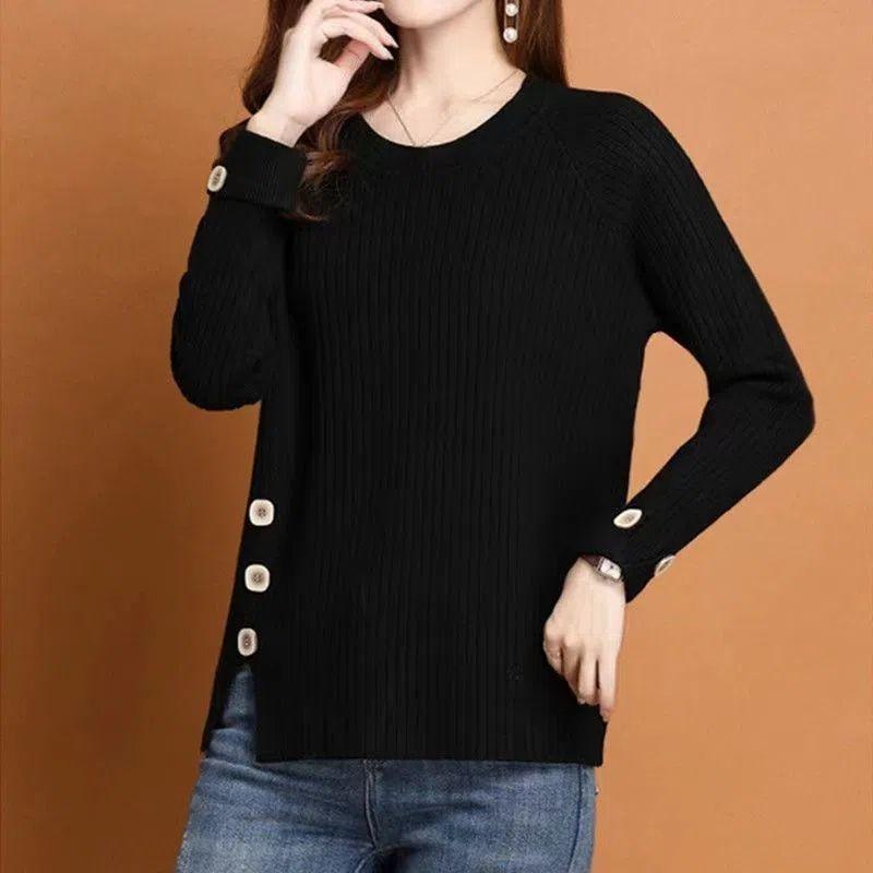 Fall/Winter Women's Crewneck Sweater Loose Slit Knitwear Pullover Solid Color Stretch Knit Top