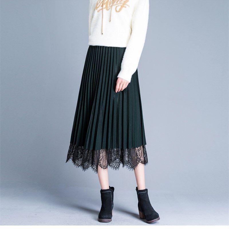 Autumn/Winter Lace Pleated Skirt - Korean Style Slim Fit, Plus Size, Mesh Tulle, Black/Green