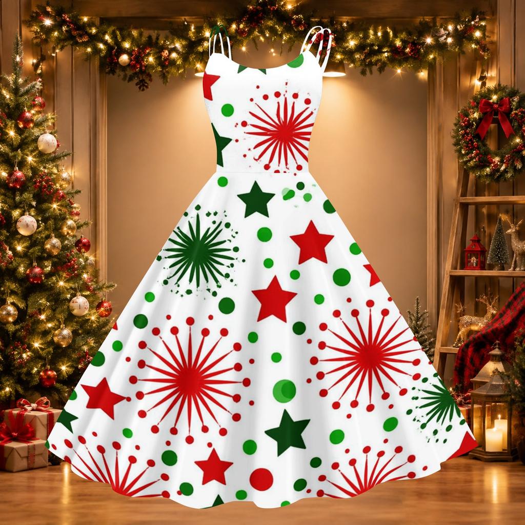 Women's Christmas Print Off-Shoulder Sexy Retro Party Dress for Holiday Celebration