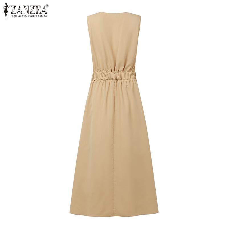 ZANZEA Womens Summer V-Neck Casual Sleeveless Long Dress