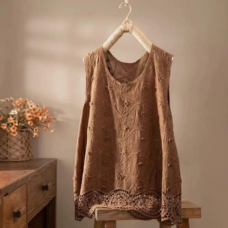 Women Lace Crochet Sleeveless Top Round Neck Casual Loose Fit Tank Top with Scalloped Hem