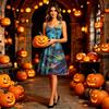 Women Halloween Print Sleeveless Shoulder Strap Dress Pumpkin Skull Pattern A-Line Swing Party Dress