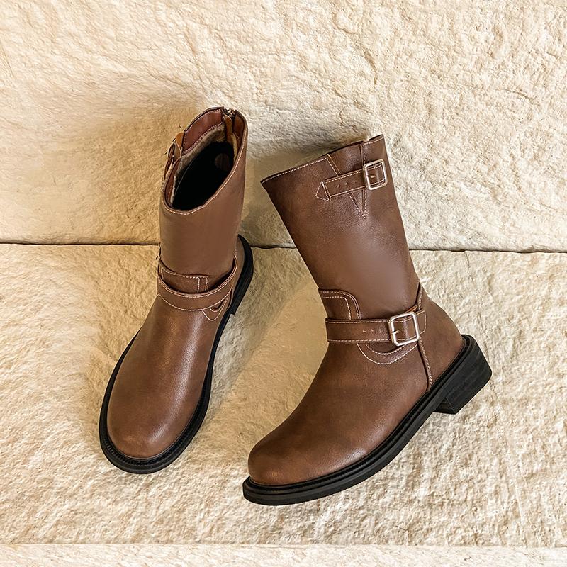 Designer Women Shoes  Autumn Winter New Platform Women's Boots Classic Round Toe Brown Boots British Ladies Mid-calf Boots