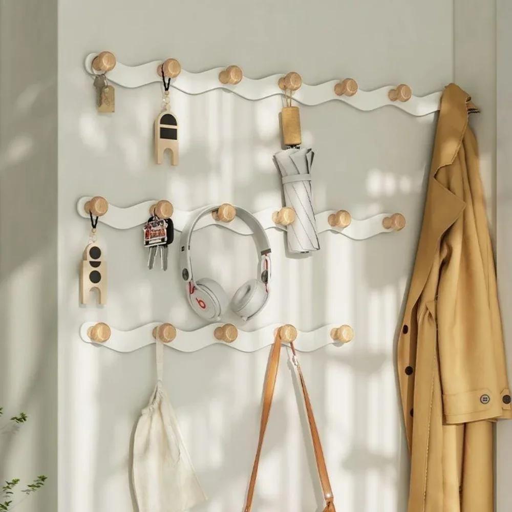 Creative Wave Iron Hook Row Hook Wooden Coat Rack Hooks Punching Towel Hanger Nordic White Wall Hooks For Coats Nordic Wooden