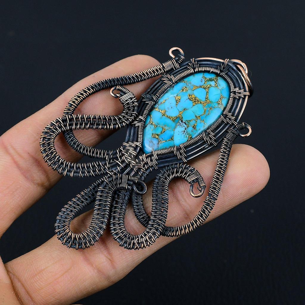 Copper Turquoise 999 Copper Wire Wrapped Pendant, Handmade Pendant Gemstone Jewelry, Gifts For Wife Brand New Pendant