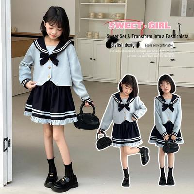 2025 Girls' Spring/Autumn Korean Sailor Uniform Skirt Set for Middle and Big Kids