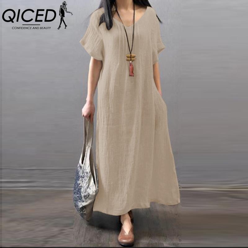 

QICED женские модные летние весенние однотонные повседневные платья с коротким рукавом и v-образным вырезом и высокой талией M хаки