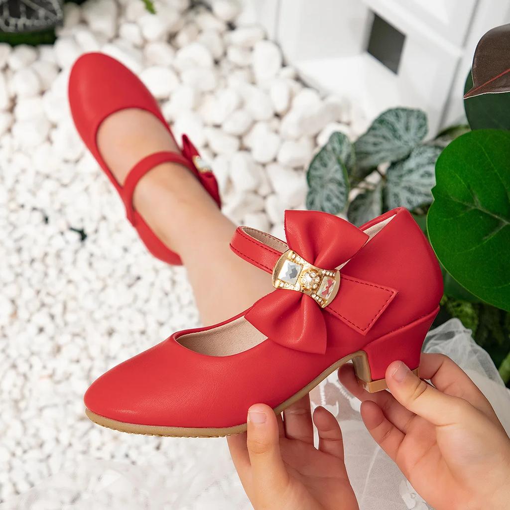 Scarpe Abiti da Festa per Ragazze di Primavera Nodo Elegante Passerella Bambini Tacchi Alti Moda Bambini Principessa Matrimonio Scarpe in Pelle