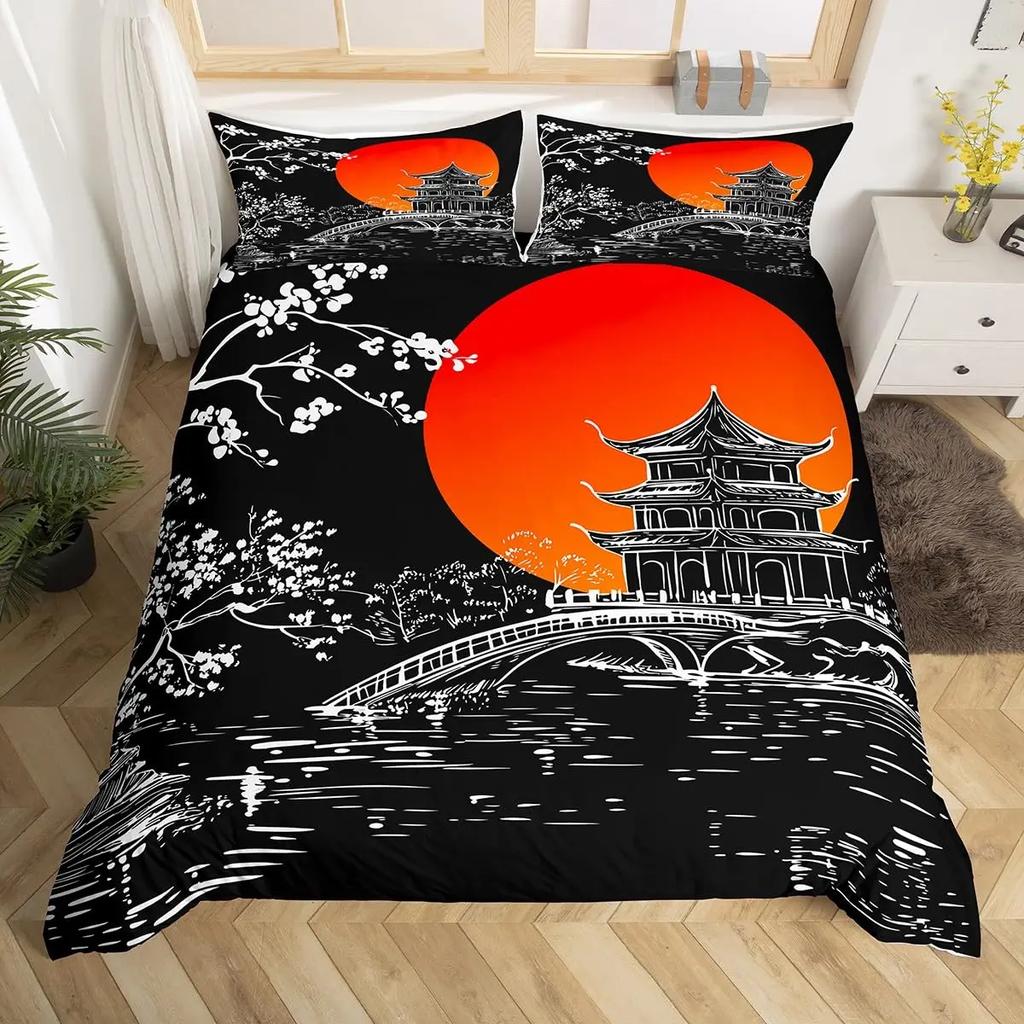 Japanese Landscape Duvet Cover Set for Teens Adults Queen Quilt Covers Lightweight Down 2 Pillowcases 1 Duvet Cover No Comforter