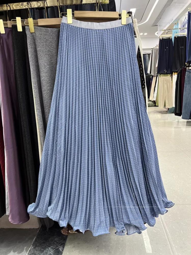 Retro High Waist Polka Dot Pleated Long Skirt with Lace Hem - Spring/Summer 2026 Collection