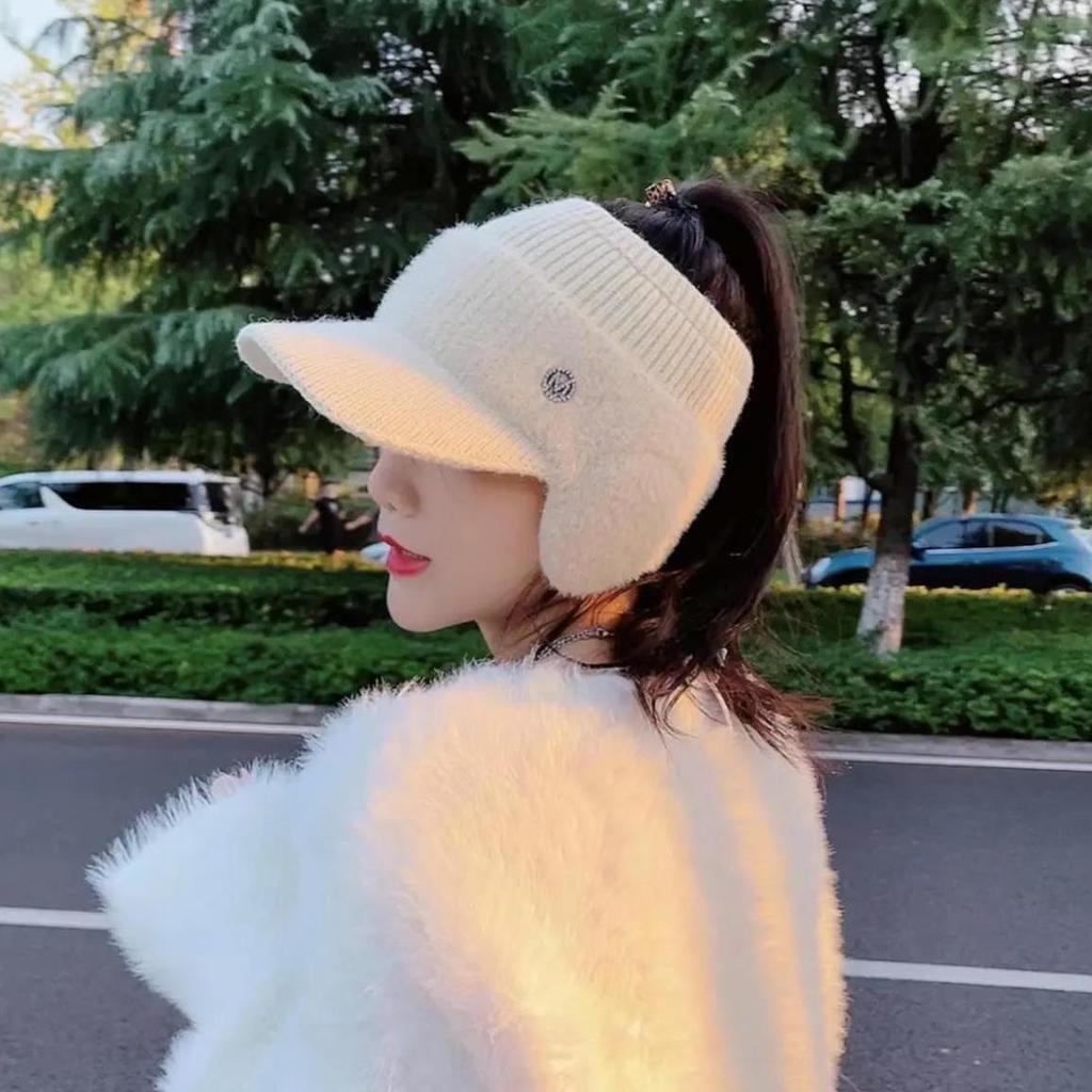 Casquette de baseball en tricot à bec de canard pour femme - Printemps, automne, hiver - Chapeau cache-oreilles chaud creux de style coréen