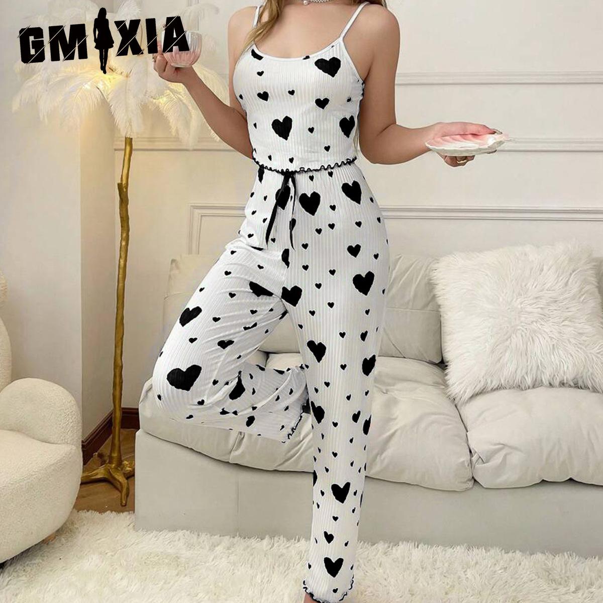 

GMXIA Женская домашняя одежда Майка-топ в рубчик с надписью Love Пижама Можно носить на улице Брюки Комплект из двух предметов XL чёрный/белый