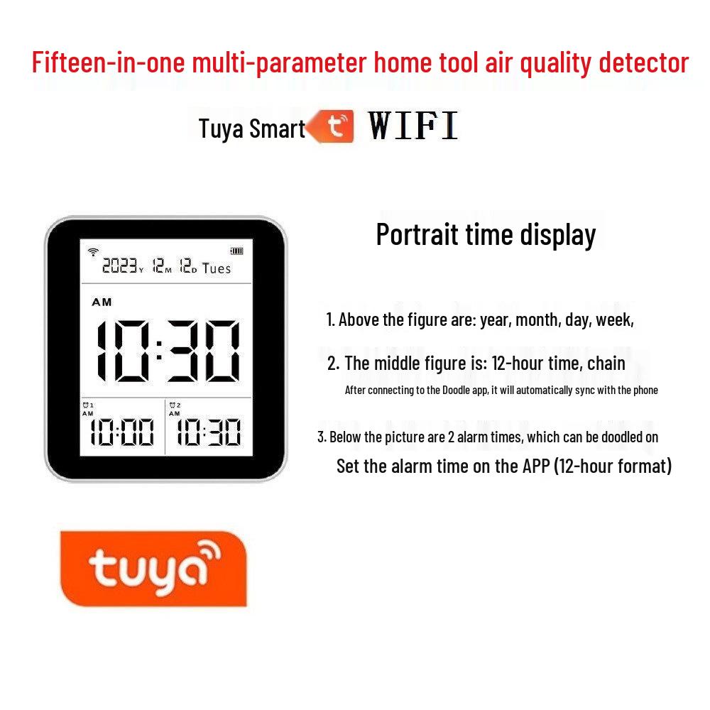 15-in-1 Smart Air Quality Detector with WiFi & Tuya App: CO2, PM2.5, Formaldehyde, TVOC, Temperature, Humidity Monitor