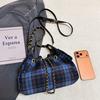 Blue Brown Plaid Woolen Drawstring Bucket Bag Women's Shoulder Bag
