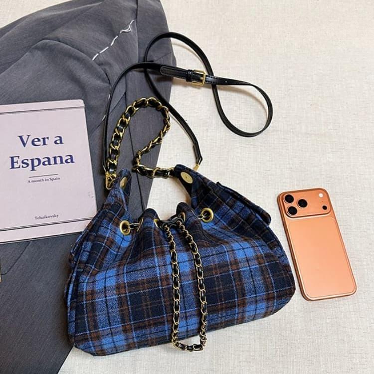 Blue Brown Plaid Woolen Drawstring Bucket Bag Women's Shoulder Bag