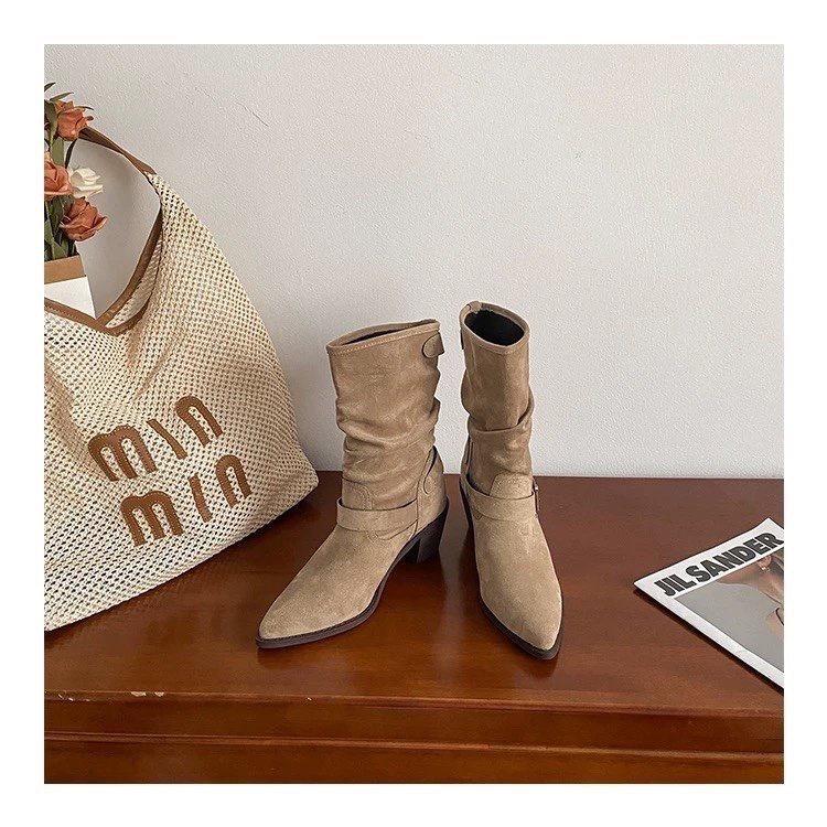 French Retro Pointed Thin Boots New Stacked Versatile German Autumn and Winter Boots Belt Buckle Pleated Thick Heel Short Boots Women