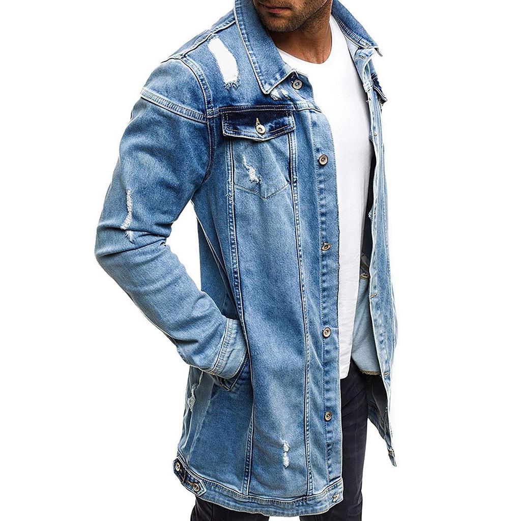 Men's  Winter Casual Vintage Wash Distressed Denim Jacket Coat Top Blouse