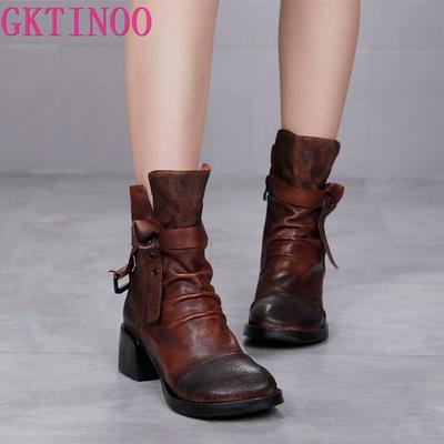 Mode GKTINOO Femmes Bottes de Moto Cuir Véritable 2025 Nouveau Zip Bout Rond Chaussures pour Femmes Couture Fait Main Rétro Mi-Mollet Bottes à Plateforme
