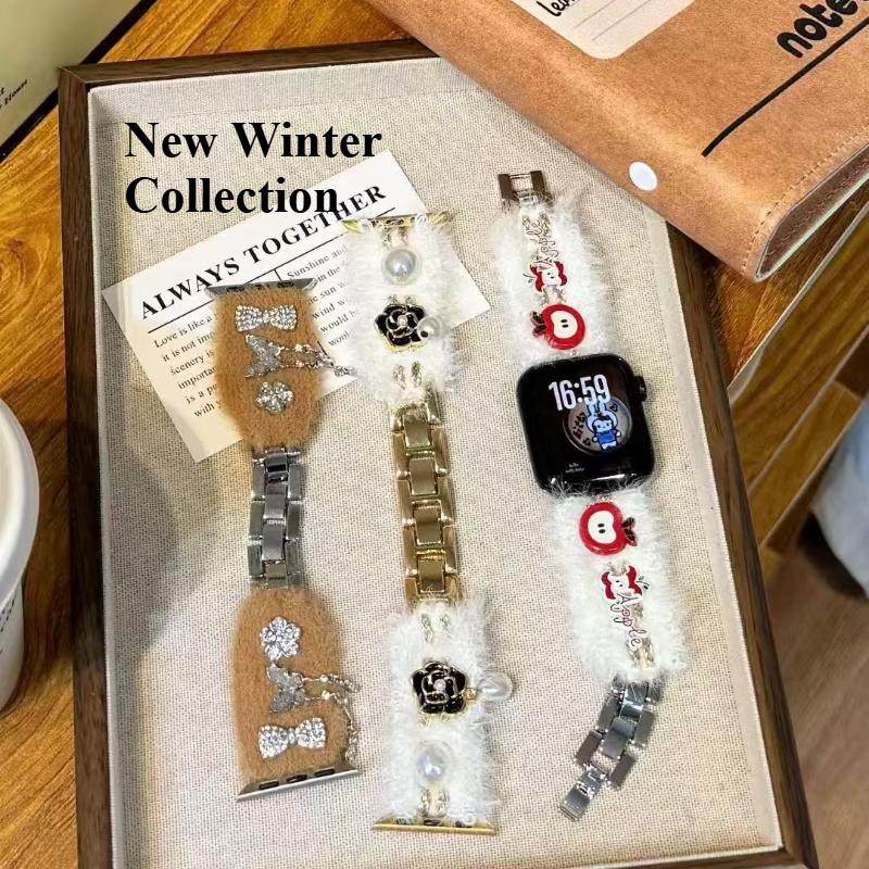 New Winter Fluffy Titanium Steel Strap Band For Apple Watch Series 10 46mm 42mm 9 7 8 5 6 44mm 45mm 40mm 41mm Ultra 49mm Bracelet Correa Loop Strap