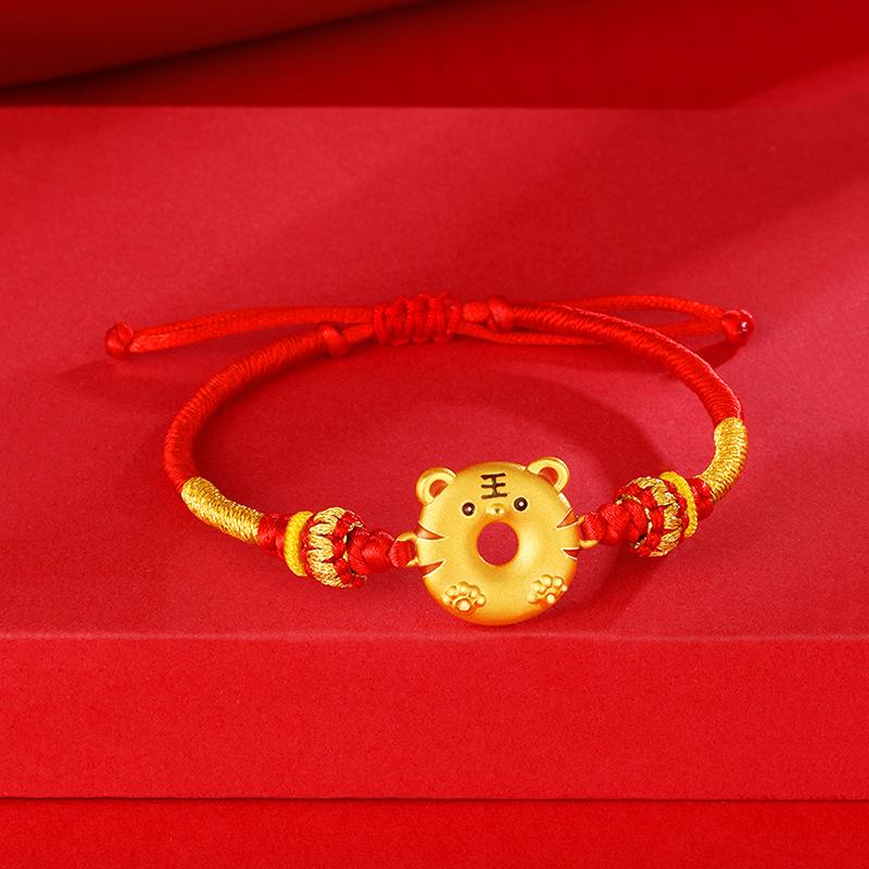 Wietnamska pozłacana bransoletka z tygrysem zodiakalnym na czerwonej nici - Szczęśliwy prezent dla pary