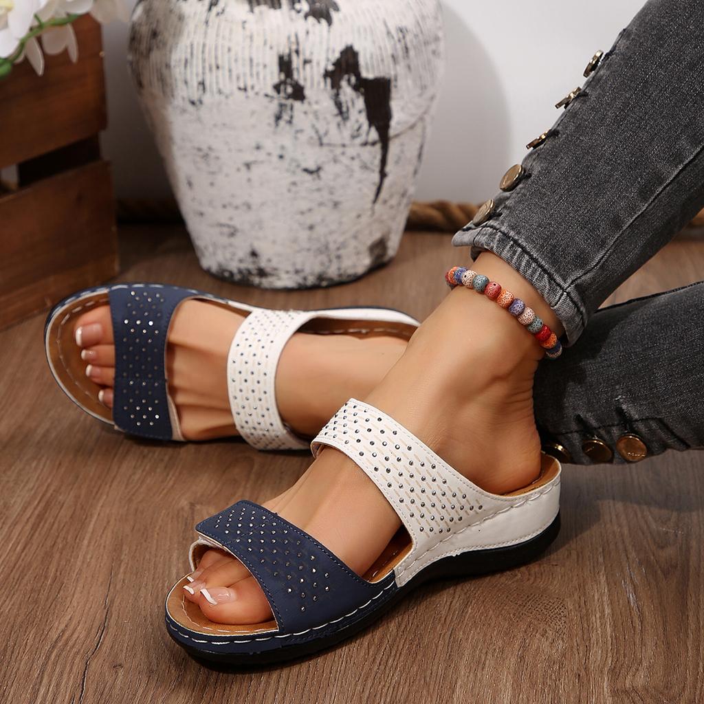 Women's White & Golden Synthetic Cover Slip-On Sandals - Open-Toe Flat Heel with Breathable Perforations, Cushioned Insole, Comfortable Footwear