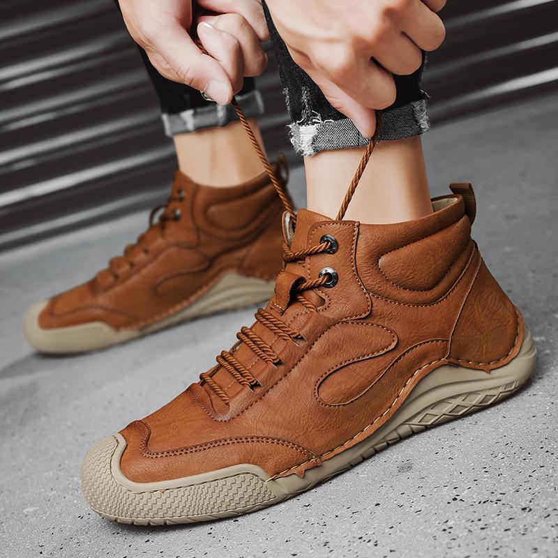 Hand-stitching Leather Men Boots Genuine Leather Casual Leather Shoes Men Ankle Boots