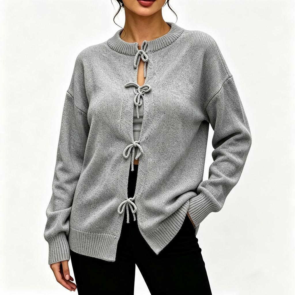 Women's Loose Fit Long Sleeve Color Knit Cardigan with Tie Waist for Casual Wear
