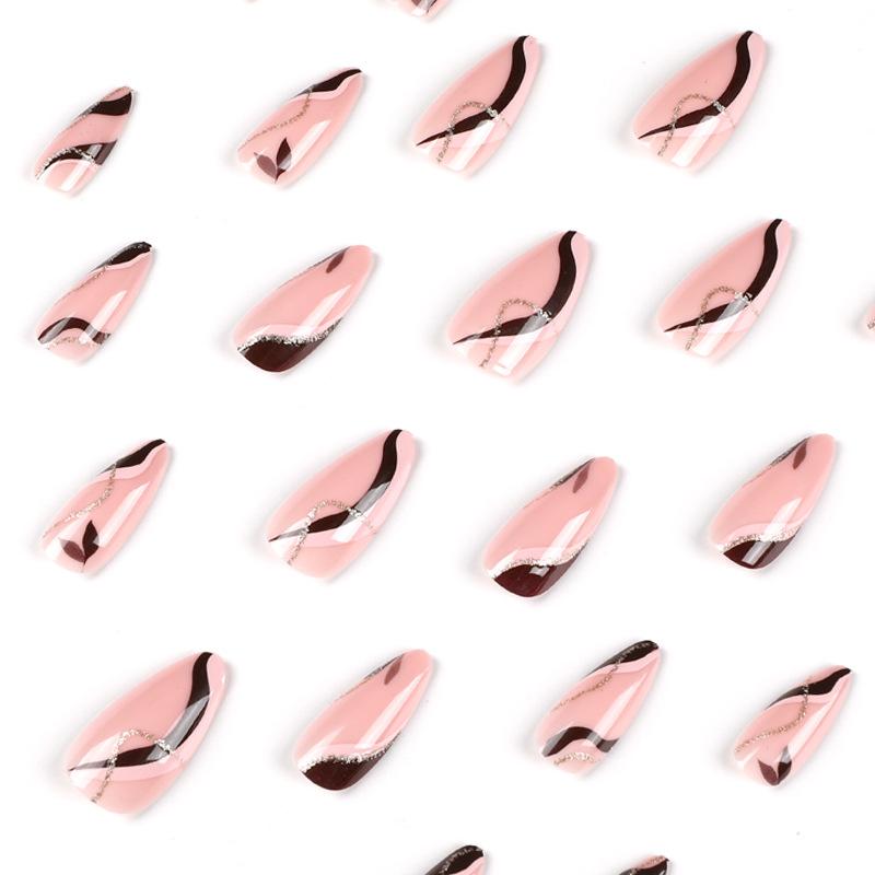 24Pcs/Set Quick Nails Pink Brown Stitching Waves False Nials Sticker Wearable Waterproof Manicure Finished Nails