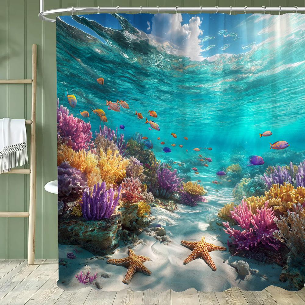 Ocean Animals Shower Curtains,Dolphin Sea Turtle Fish Coral Underwater Cave Scenery Fabric Children Bath Curtain Bathroom Decor