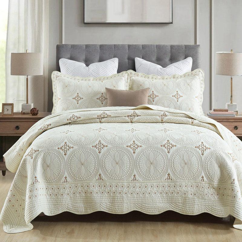 Embroidered Cotton Quilt Set 3PCS - King/Queen Size Solid Color Coverlet Lightweight Summer Bedspread Breathable Blanket for Bed