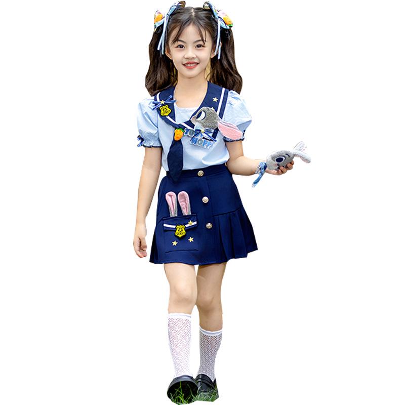 Girls' Summer Rabbit Police Costume Set - Stylish Two-Piece Performance Outfit