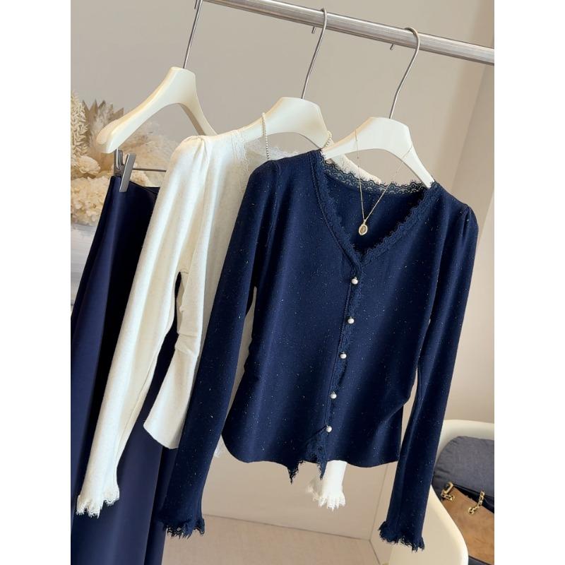 Glitter V-neck Sweater Women's Spring and Autumn New Lace Splicing Knitted Bottoming Sweater