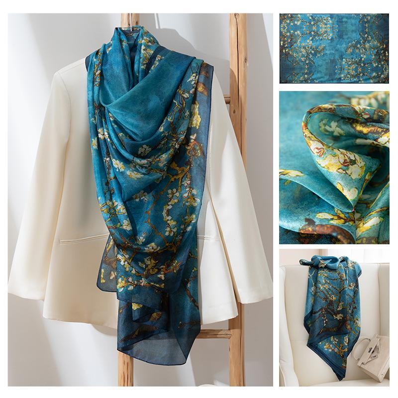 Long Strips of Silk Scarf  High-end Sense Mulberry Silk Scarf  Women's Fresh Small Floral Thin Style  Atmosphere  Big Shawl
