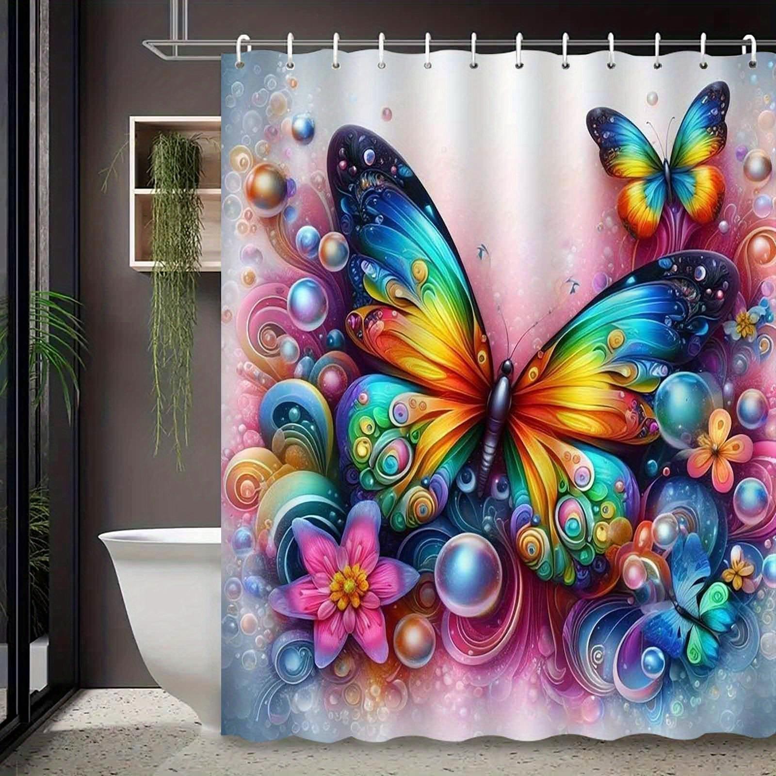 

1Pc Butterfly Flower Shower Curtain, Polyester Knit Fabric, Elegant Bathroom Decoration With Hook, Arts Theme For Bathroom W60H190(CM)-1 Pcs