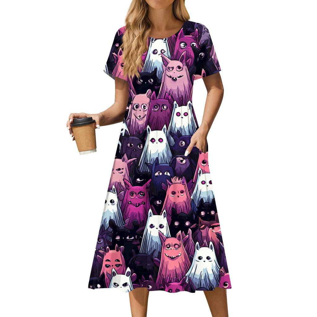 Women's Casual Fashion Halloween Printed Short Sleeve Round Neck Dress