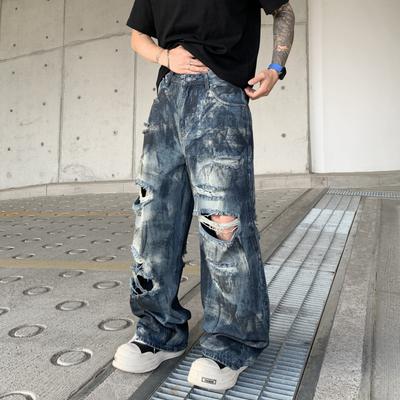 American High Street Inkjet Ripped Jeans Men's and Women's Summer Trendy Brand New Heavy Industry Washed Ruffian Handsome Fried Street Wide-leg Pants